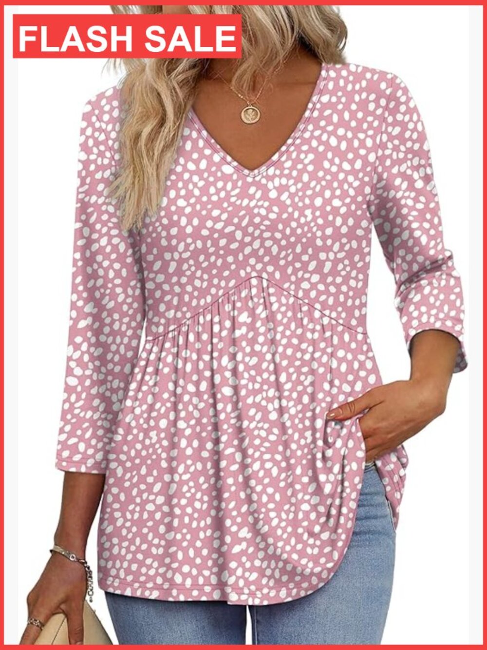 V-Neck 3/4 Sleeve Babydoll Blouse Loose Fit Tunic Top